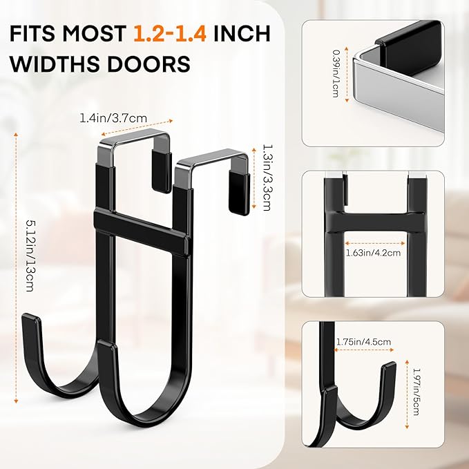 FYY Over The Door Hooks - 2 Pack Heavy Duty Dual-Hook Organizer Hanger with Non-Slip Rubber for Towels, Clothes, Hats & Bags Use in Bathroom, Bedroom, Kitchen - Fits Interior Doors Up to 1 3/8" Black-NeatNest