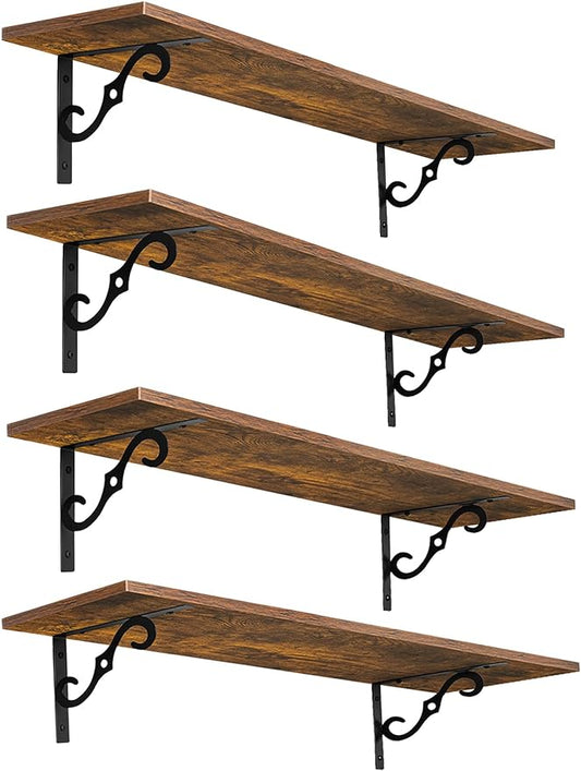 DINZI LVJ Long Wall Shelves, 31.5 Inch Large Floating Shelves Set of 4, Wide Display Shelf Wall Mounted with Brackets, Easy Hanging for Living Room, Toilet, Office, Bedroom, Rustic Brown-NeatNest