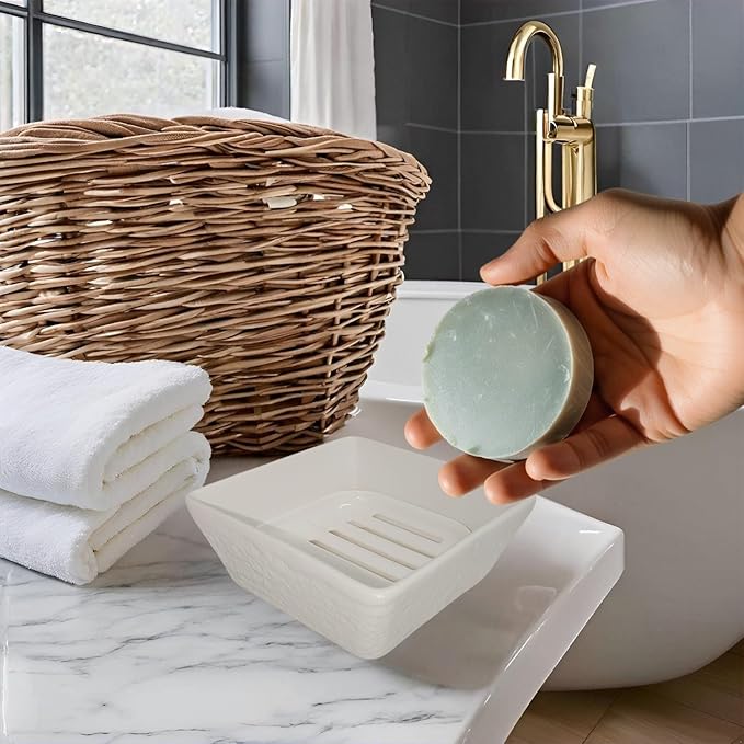 Ceramic Soap Dish, Vonpri Soap Holder Tray, Non-Slip Square Soapbox Container for Handmade Bar Bathroom Sink, Countertop, Shower Stone Texture (White)-NeatNest