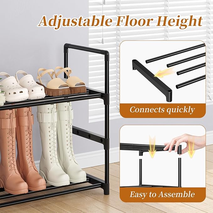 Simple Trending Shoe Rack, 3-Tier Shoe Organizer, Metal Storage Shelf, for 16-20 Pairs, Stackable, for Entryway, 11.75 x 36.5 x 21.5 Inches, Black-NeatNest