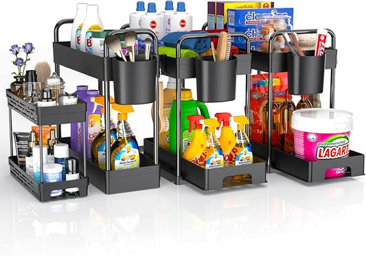 4 Pack Under Sink Organizer and Storage - Stackable 3 Size 2 Tier Bathroom Under the Sink Organizers Multi-Usage Kitchen Cabinet Organizers and Storage Sink Bath Shelf Baskets-NeatNest