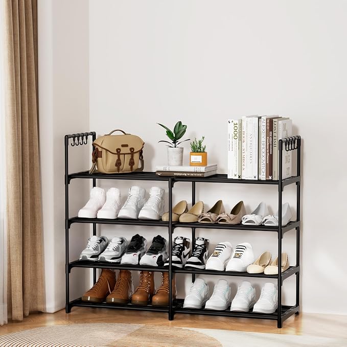 2 Rows 4 Tier Shoe Rack, Black Metal Stackable Shoe Shelf with Multifunctional Hooks, Hold 16-20 Pairs, Space Saving Shoe Organizer for Closet, Bedroom-NeatNest