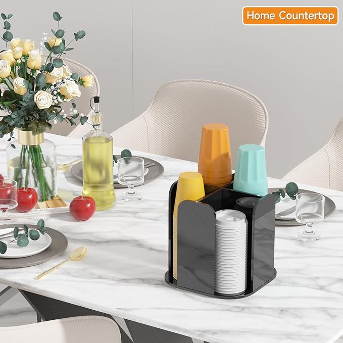 Beego Coffee Cup Holder Organizer - Rotatable 4 Compartments Black Acrylic Cup Dispenser Station With Lid Carousel - Countertop Plastic Cup Holder for Restaurant Breakroom Bar Accessories-NeatNest