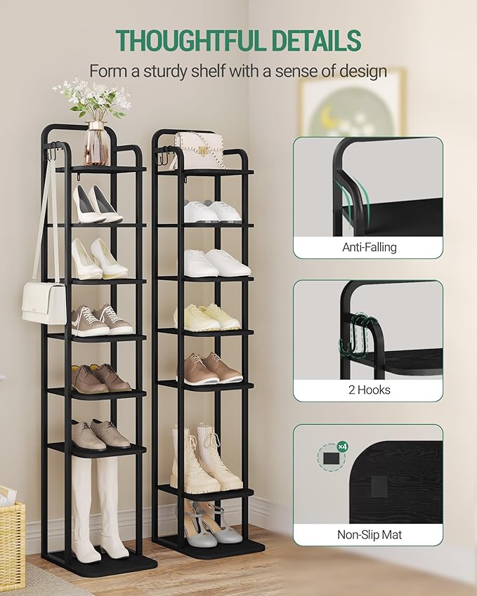 8 Tiers Vertical Shoe Rack, Narrow Shoe Tower, Tall Shoes Shelf with 2 Hooks, Adjustable Shelves, Corner Shoes Shelves for Small Spaces, Entryway, Living Room, Black SR04304B-NeatNest