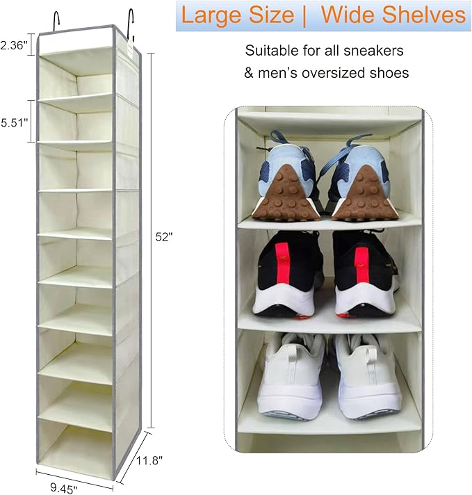 2 Pack Large-Sized Hanging Shoe Organizer 10-Shelf, Sturdy Hanging Closet Organizer with 8 Side Pockets, Wider Hanging Shelves for Storage Shoes Clothes Jeans Shirts Toys, Beige-NeatNest