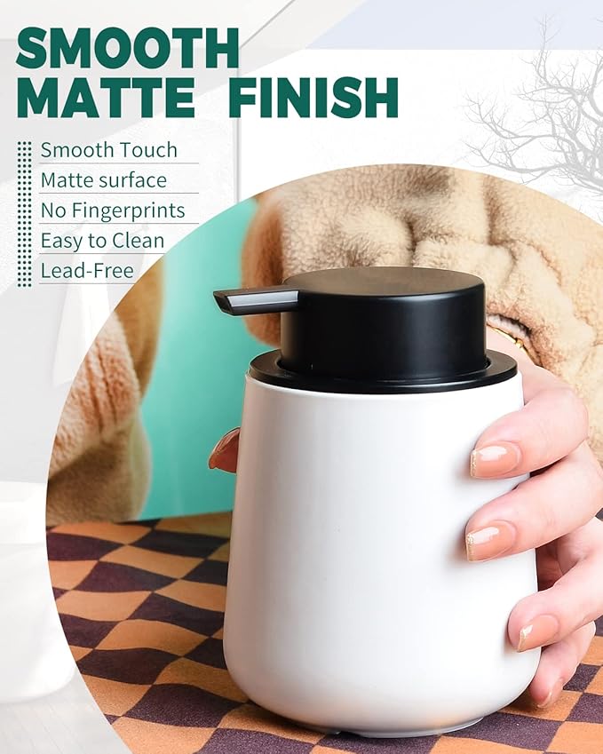 Bosilunlife Foam Soap Dispenser - 12Oz Matte White Ceramic Foaming Hand Soap Dispenser for Bathroom Refillable Liquid Kitchen Dish Hand Wash Dispenser Modern-NeatNest