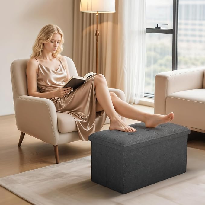 Ottoman Folding Storage Bench, 30x15x15 Inch, Foot Rest Stool for Living Room, Bedroom, Entryway, End of Bed - Multi-Functional Ottoman with Storage Dark Gray