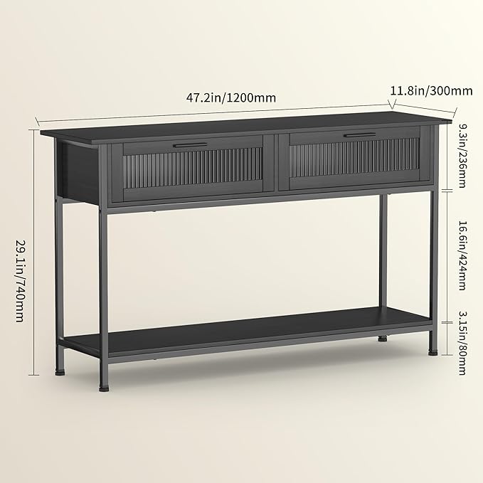 Aetheris 47" Console Table with 2 Drawers, 2 Tier Sofa Table with Storage,Entryway Table, Industrial Console Table for Entryway, Sofa Table Behind Couch for Living Room, Black-NeatNest