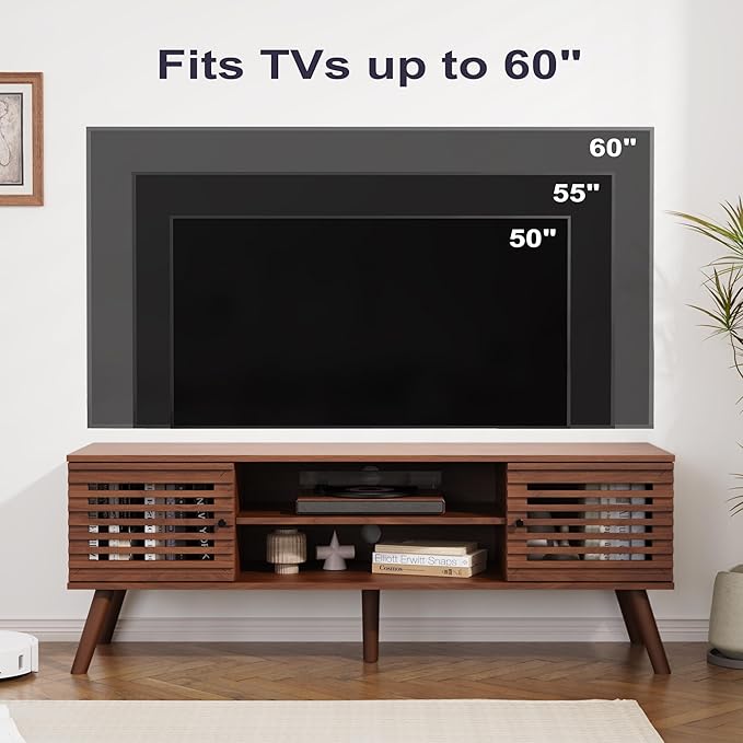 53" Mid Century Modern TV Stand for 50/55/60 inch TV, TV Media Console with Slatted Doors for TVs up to 60", Entertainment Center with Storage for Living Room, Bedroom, Walnut-NeatNest