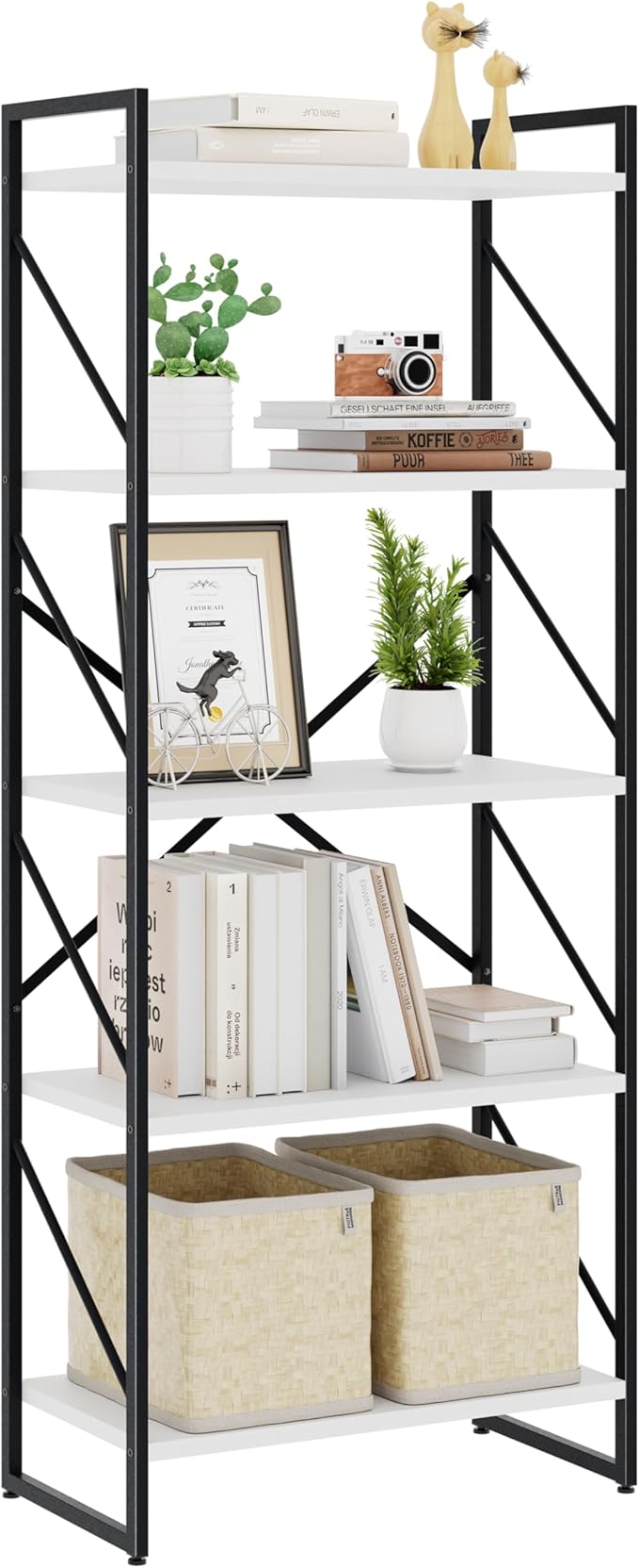 Bookshelf, 5 Tier Bookshelves, Home Office Bookcase Shelf Storage Organizer, Free Standing Storage Shelving Unit for Bedroom, Living Room and Home Office,White-NeatNest