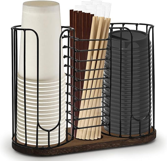 3-Compartment 18oz Coffee Cup Dispenser Rack with Wood Base, Disposable Cup, and Lid Organizer for Countertop - Perfect for Paper Cups, Straws, and Kitchen Cabinet Storage-NeatNest