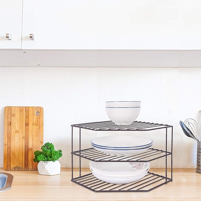 3-Tier Corner Shelf Counter and Cabinet Organizer - Steel Metal Wire - Rust Resistant - Plates, Dishes, Cabinet & Pantry Organizer - Kitchen Organization (10 x 7.5 Inch)(Black)