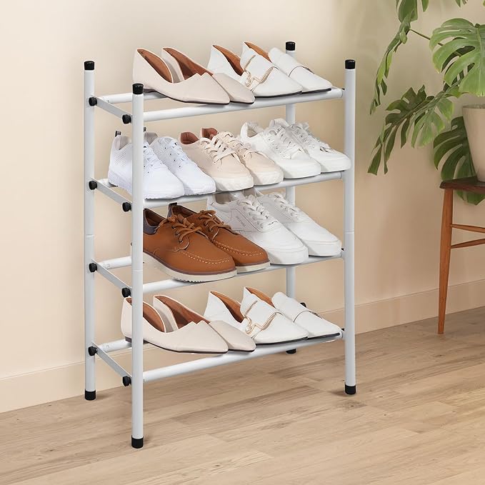 STORAGE MANIAC Expandable Shoe Rack, 16 Pairs Stackable Small Shoe Rack, Metal Adjustable Shoes Organizer for Closet, Entryway, Hallway, Garage, Front Door, Shoes Shelves, White 4 Tier-NeatNest