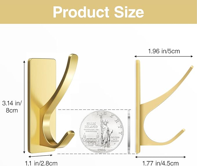 10 Pack Self Adhesive Coat Hooks for Hanging, Heavy Duty Stainless Double Wall Hook for Towel, Backpack, Hat, Sturdy Metal Hanger for Bathroom, Bedroom, Door, Wall Mounted, Brushed Gold
