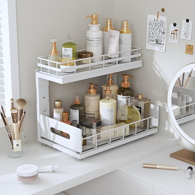 2 Pack Under Sink Organizer with Smooth Ball Bearing Slides, 2-Tier Pull Out Cabinet Storage, Slide Out Drawers for Bathroom and Kitchen, Under Sink Shelf, Rust-resistant Coating, Height Adjustable-NeatNest