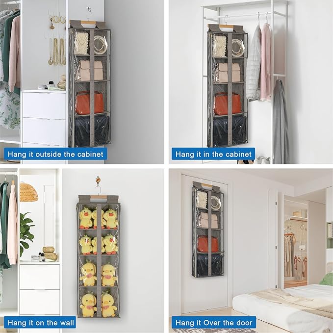 Clear Hanging Handbag Storage Organizer with Zippers, Door Purse Organizer Space Saving 4 Pockets for Closet Bedroom Living Room (Brown)-NeatNest