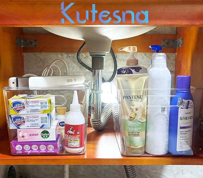 6 PCS Clear Plastic Storage Bins, 2-Sizes Stackable Storage Containers, Pantry Organizers and Storage with Handles, Perfect for Bathroom,Cabinet,Cupboard,Kitchen,Fridge,Closet Organization-NeatNest
