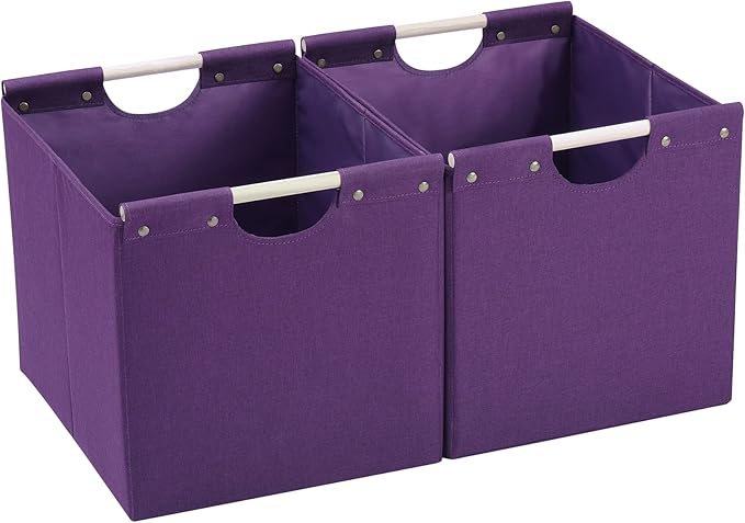 HOONEX Large Collapsible Storage Bins, Linen Fabric, Pack of 2, Storage Baskets with Wooden Carry Handles and Sturdy Heavy Cardboard, for Home, Office, Car, Nursery, Dark Purple