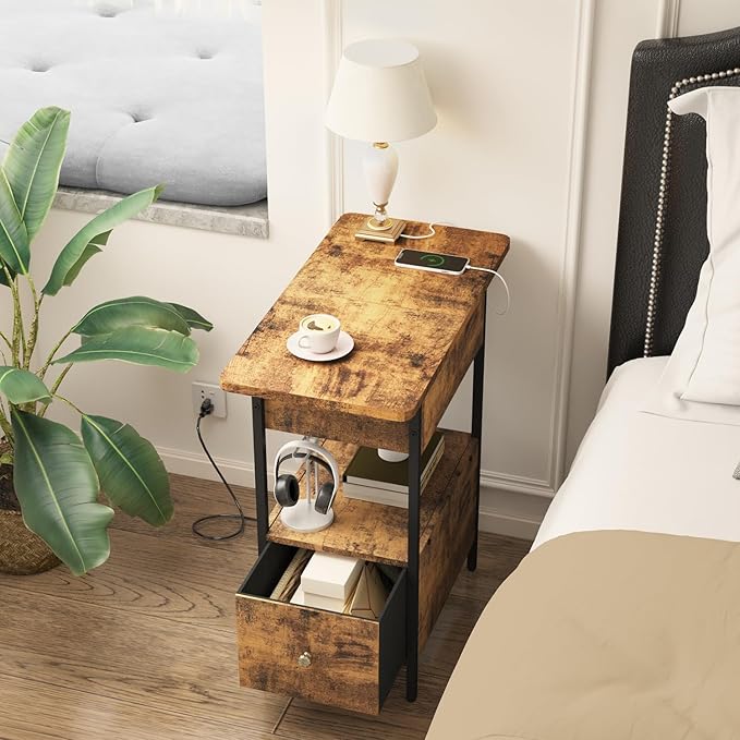 SOOWERY End Table with Charging Station, Narrow Side Table with Flip Top Cabinet and Fabric Drawer, Nightstand Bedside Tables for Small Spaces, Bedroom, Living Room, Rustic Brown