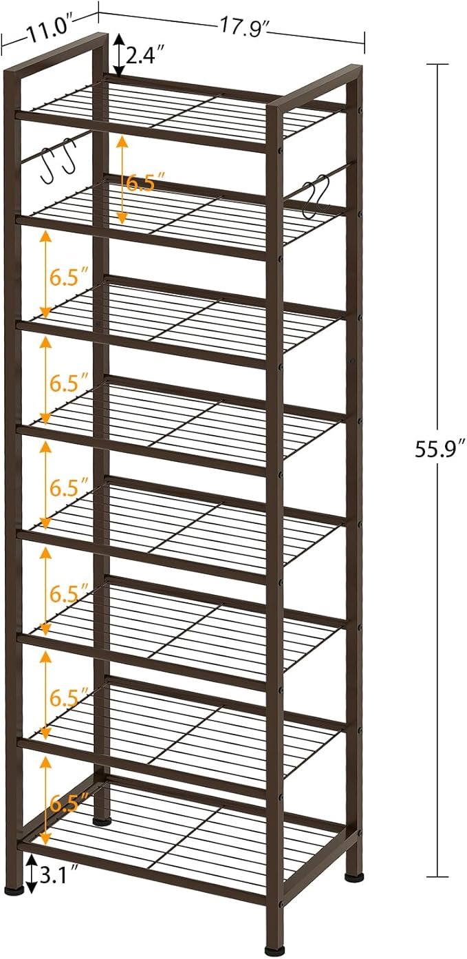 usikey 8 Tiers Narrow Shoe Rack 16-24 Pairs, Sturdy Metal Tall Shoe Rack with 4 Hooks, Slim Shoe Storage Organizer with Metal Shelf, Space Saving Vertical Shoe Shelf for Entryway, Closets, Bronze-NeatNest