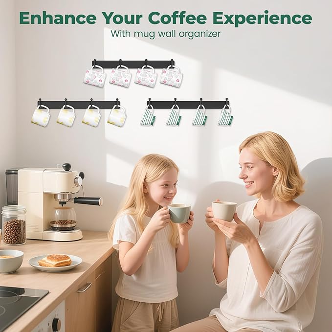 EsLuker.ly Mug Holder Rack Coffee Cup Hanger Wall Mount, Metal Wall Cup Shelf Organizer Stand with 12 Hooks, Fits Most Mugs Display for Home Kitchen, Easy to Install, Set of 3, Black-NeatNest