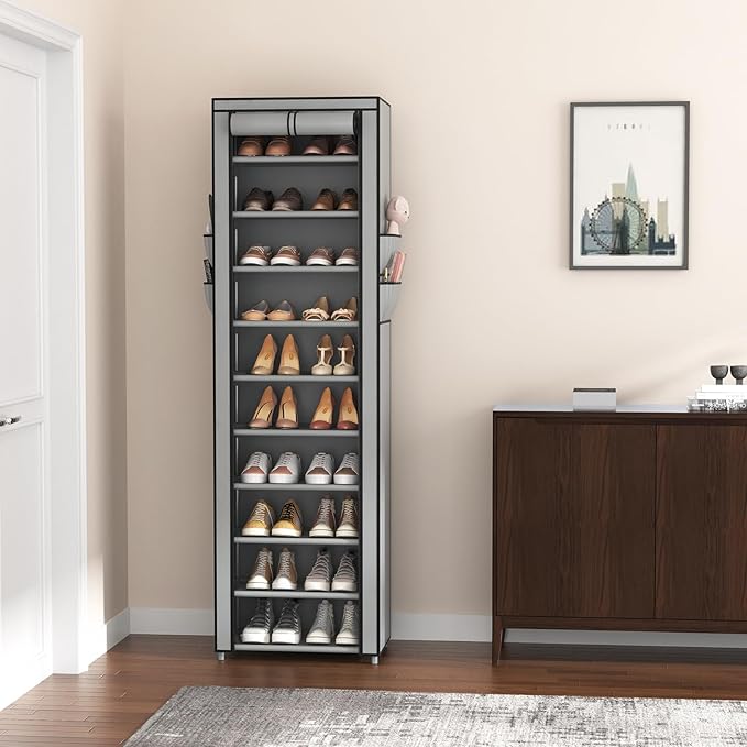 VTRIN Vertical Narrow Shoe Rack Organizer Tall Shoe Rack for Closet Entryway 10 Tier Non-Woven Cover Shoe Shelf Holds 20-22 Pairs Free Standing Shoe Storage Cabinet with Dustproof Cover, Grey-NeatNest