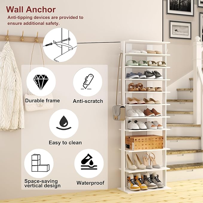HOMEFORT 10-Tier Corner Shoe Tower - Double Rows, Slim Shoe Stand for 20 Pairs - Entryway, Hallway, Closet (White)-NeatNest