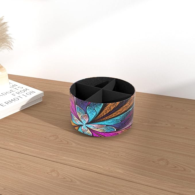 Hennaja Round Leather Art Supply Organizer,Remote Control Holder,360 Degree Rotating,Multi-Functional Pencil Holder,4 Compartments Desktop Stationary Organizer(1-Fractal Flower)-NeatNest