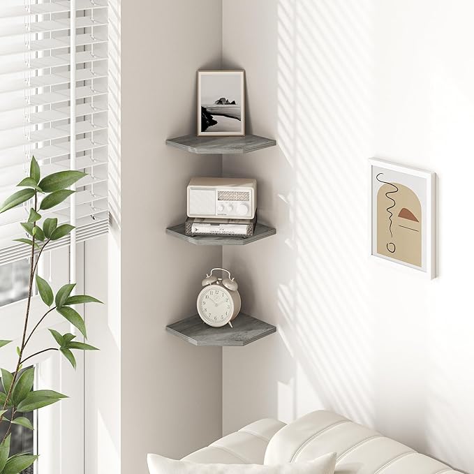 Corner Shelf Wall Mount, Floating Corner Shelves, Set of 3 Corner Wall Shelf Organizer, Rustic Wood Wall Storage Display Shelves for Living Room Bedroom Bathroom Kitchen, Rustic Grey-NeatNest