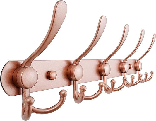 Dseap Coat Rack Wall Mounted - 5 Tri Hooks, Heavy Duty, Stainless Steel, Metal Coat Hook Rail for Coat Hat Towel Purse Robes Mudroom Bathroom Entryway, Rose Gold-NeatNest