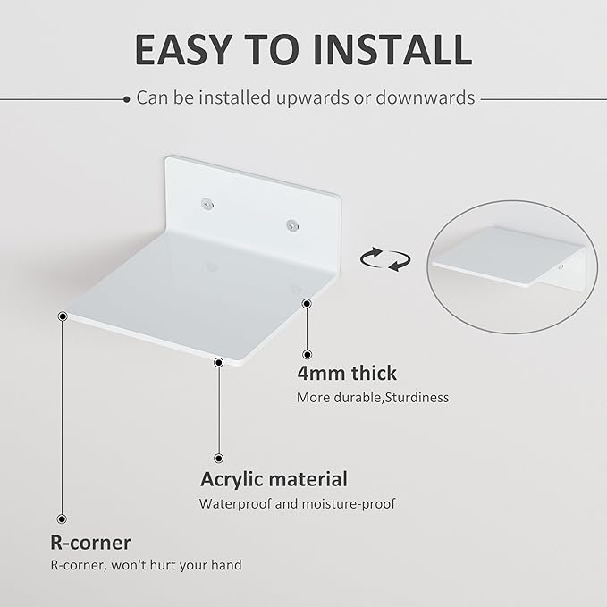 6 Inches White Acrylic Wall Shelves Set of 4, Moisture-Proof, Wall Mounted Storage Display Shelves for Gaming Room, Living Room, Bathroom, Office, Store, Heavy Duty, 4 Pack-NeatNest