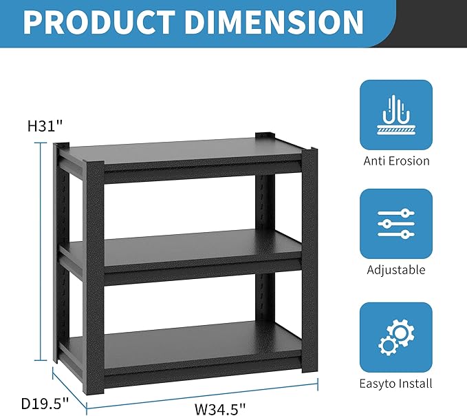 31.5" H Metal Storage Shelving, 1500LBS Heavy Duty Shelves Unit, Adjustable 3 Tier Storage Rack, Industrial Utility Shelf for Garage, Warehouse, Bedroom, Kitchen,18" D×34“W×31.5”H, Black-NeatNest