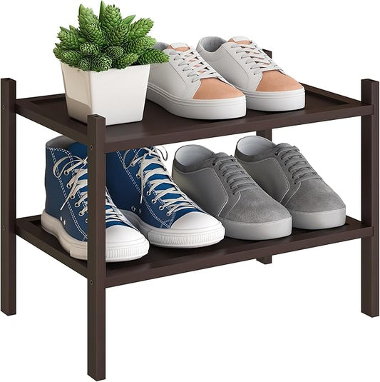 BMOSU 2-Tier Bamboo Small Shoe Rack Premium Stackable Shoe Shelf Storage Organizer for Hallway Closet Living Room Entryway Organizer(Brown)-NeatNest