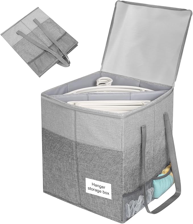 Clothes Hanger Organizer Bag with Lid,Rigid Hanger Storage Containers,Hanger Caddy Organizer Box with Handle and Label Window Keep Closet Laundry Rooms Tidy (Grey)-NeatNest