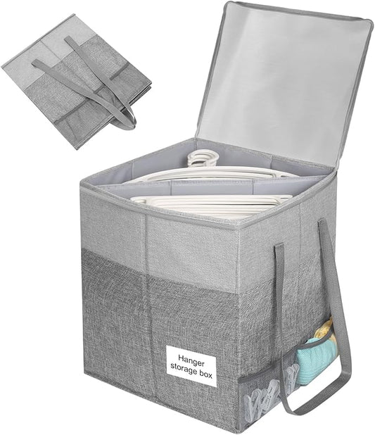 Clothes Hanger Organizer Bag with Lid,Rigid Hanger Storage Containers,Hanger Caddy Organizer Box with Handle and Label Window Keep Closet Laundry Rooms Tidy (Grey)-NeatNest