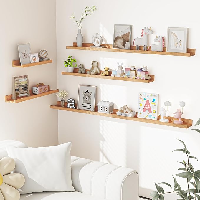 Heimlove Picture Ledge Shelf, Small Floating Shelves Set of 2, 16 Inches Picture Shelf for Wall with Ledge, Kids Bookshelf Wall Mounted for Living Room Bedroom Decor Books Photo Frames, Oak-NeatNest
