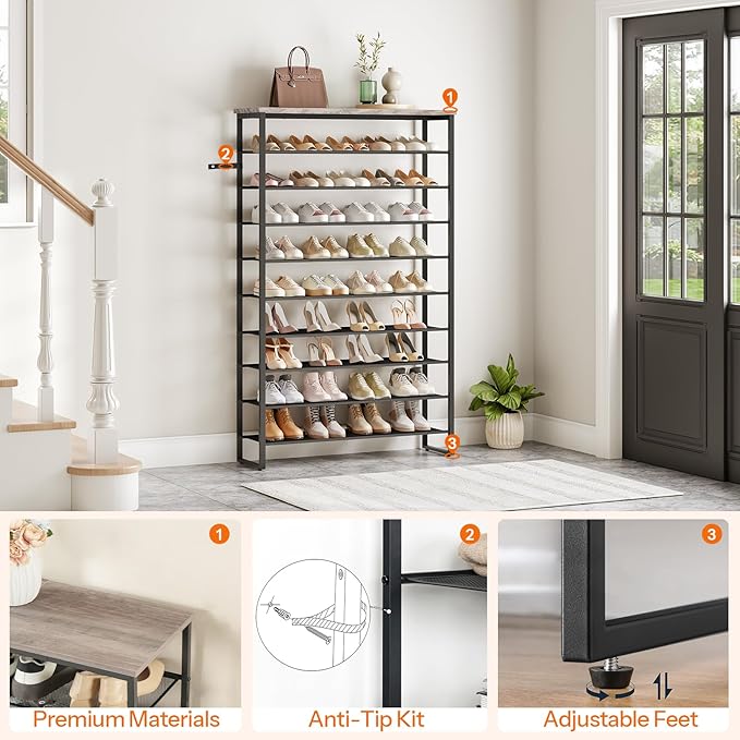 HOOBRO 10-Tier Shoe Rack, 39.4" L Shoe Storage Organizer, Large Capacity Shoe Shelf for Front Door Entrance, Entryway, Hallway, Holds 45-50 Pairs of Shoes, Closet, Greige and Black BG171XJ01-NeatNest