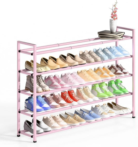 Bumusty 5-Tier Long Expandable Shoe Rack for Closet, 18"-44" Adjustable Shoe Rack for Entryway, 25-30 Pairs Large Shoe Organizer Shelf Storage, Sturdy Metal, Pink-NeatNest