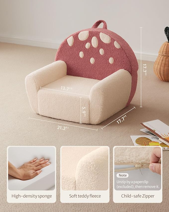 Blissful Diary Toddler Chair Comfy, Foam Kids Chair with Soft Teddy Plush, Toddler Reading Armchair with Cute Mushroom Designs- Rusty Red-NeatNest