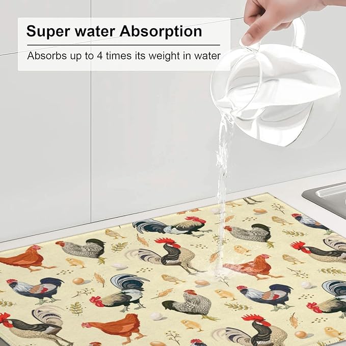 Chicken Dish Drying Mat for Kitchen Counter Cute Kitchen Mat Microfiber Kitchen Countertop Absorbent Reversible Drainer Rack Pad Dish Drying Mat 18 x 24 Inch-NeatNest