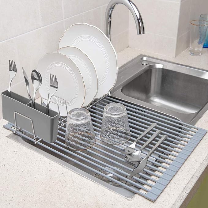 SANNO Plastic Utensil Silverware Storage Holder Caddy,Fit Kitchen Sink Drying Rack, Microfiber Dish Mat, Dish Drying Mat (Gray)-NeatNest
