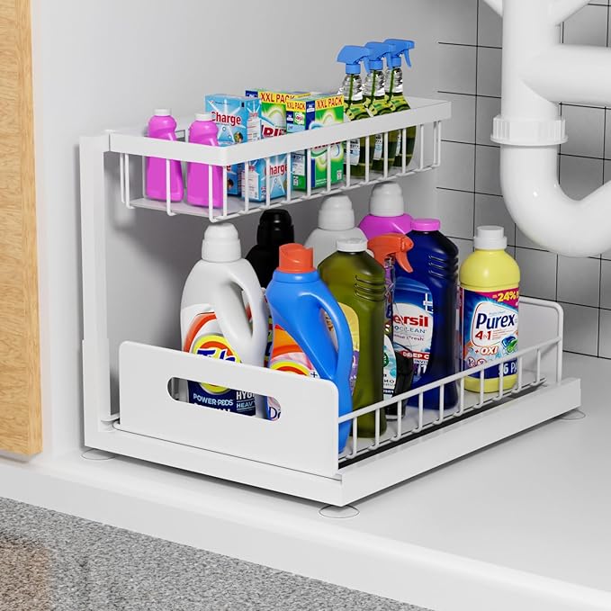 2-Tier Under Sink Slide Out Organizer, Pull Out Cabinet Storage Shelf with Sliding Wire Basket Drawer for Bathroom Kitchen, Countertop or Pantry Shelf, White-NeatNest