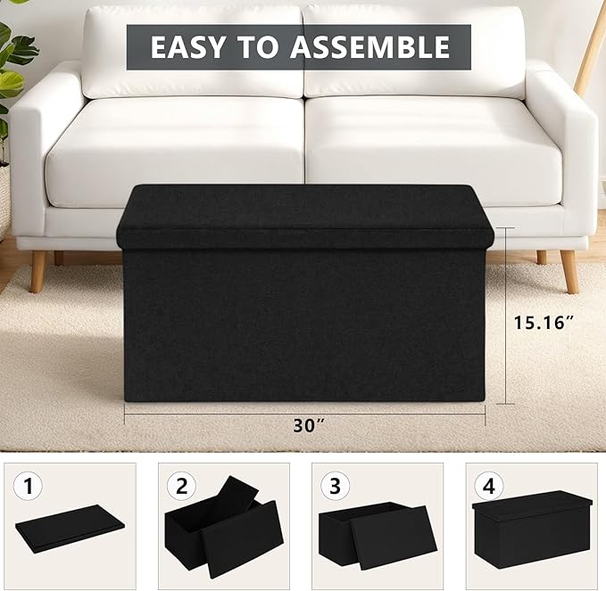 30 Inch Folding Storage Ottoman with Reversible Lid Coffee Table, Linen Fabric Multi-Functional Foot Rest & Seat for Living Room, Bedroom-Black