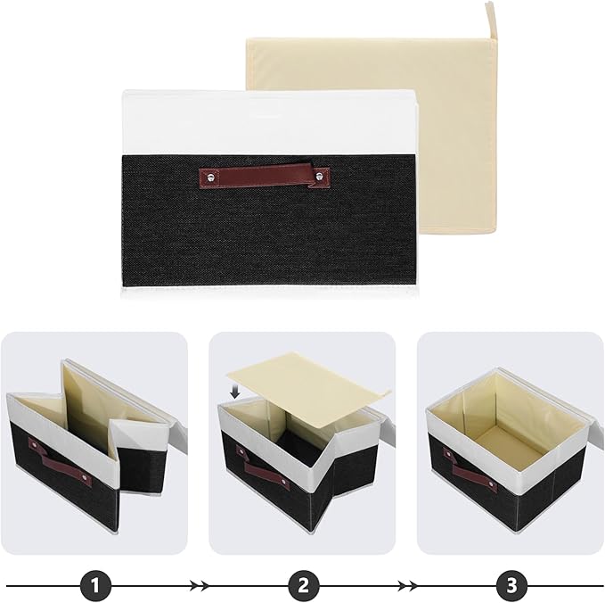 ANMINY Storage Boxes with Lids Washable Decorative Storage Bins Basket with PU Leather Handle Foldable Linen Fabric Storage Cubes Containers for Home Closet Organizer - Black White, Small Size-NeatNest