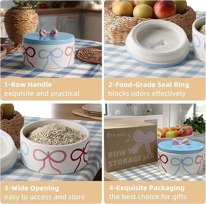 Cookie Jars with Lid Airtight, Wide Mouth Large Ceramic Food Storage Containers, Hand-Drawn Bow Kitchen Canisters for Countertop, Suitable for Home Decor of Coffee, Sugar, Tea, Flour, Dog Treat-NeatNest