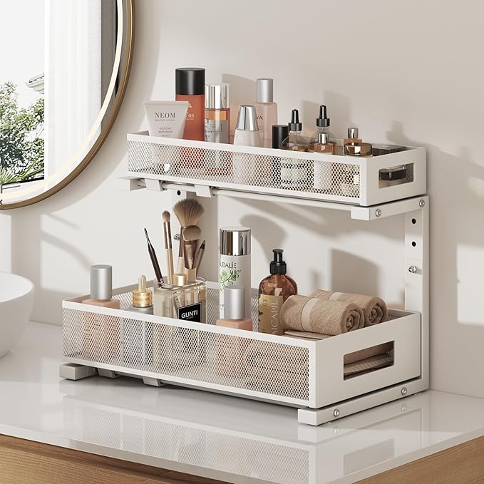 2 Pack 17IN Depth Under Sink Storage Organizer, Large 2-Tier Elegant Mesh Pull Out Shelf for Kitchen and Bathroom Cabinet Organization, L-Shaped and Adjustable Height Design-White-NeatNest