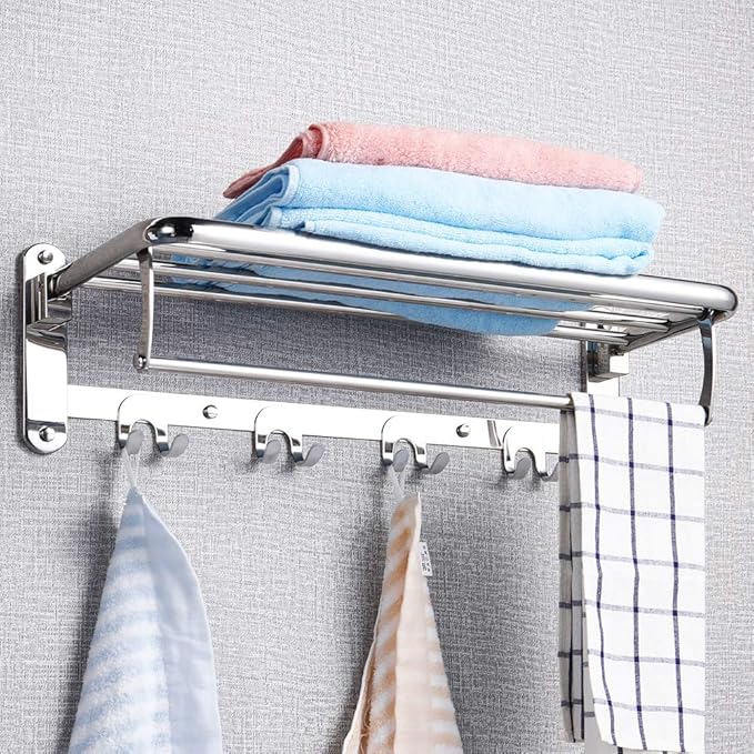 HOONEX Foldable Towel Rack for Bathroom Wall Mounted, 24 Inch Towel Shelf with Towel Hooks and Adjustable Towel Bar, 304 Stainless Towel Holder, Polished Silver
