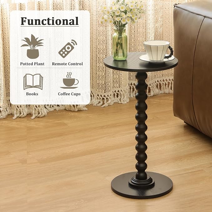 Round Side Table, Small Drink Table for Small Spaces, Modern Accent End Table Nightstand with Solid Wood Leg for Living Room, Bedroom, Corners, and Office (Black)