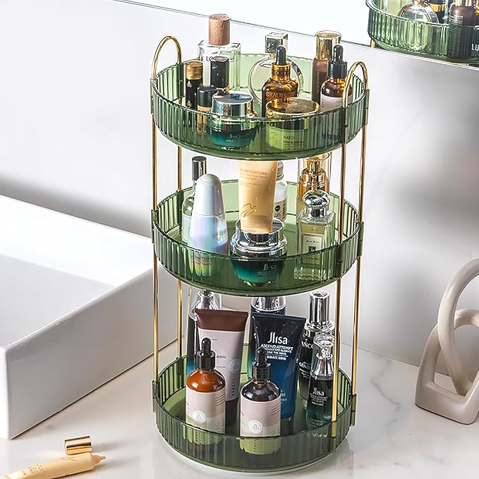Rotating Makeup Organizer Countertop 3 Tier Lazy Susan Trays Clear Skincare Perfume Storage for Bathroom Counter Vanity, Green Gold-NeatNest