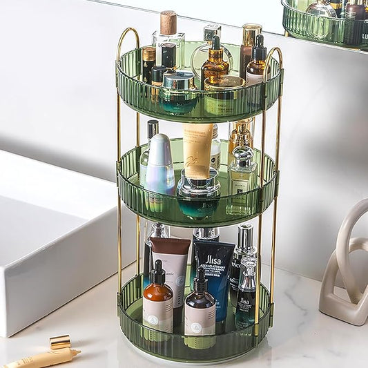 Rotating Makeup Organizer Countertop 3 Tier Lazy Susan Trays Clear Skincare Perfume Storage for Bathroom Counter Vanity, Green Gold-NeatNest